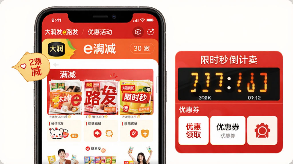 ����e·���Żݻҳ�棬������һ���ֻ���Ļ����Ļ����ʾ����e·��App�Ĵ�������棬��������������ǩ����ʱ��ɱ����ʱ���Ż�ȯ��ȡ��ť���Ű�������򣬷�����ֵ������ң�ϸ�����������ʸɾ��޶���Ԫ�ء�