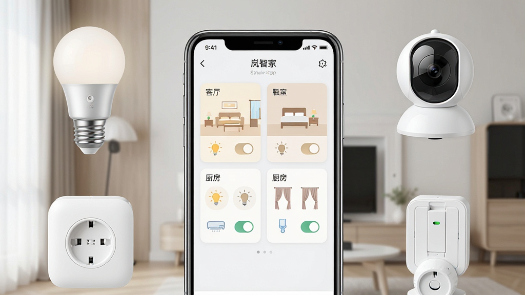 一张展示智能家居控制场景的图片,画面中央是一部手机屏幕显示