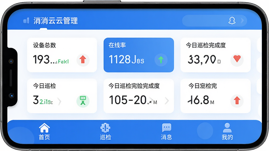 �����ƹܼ�App������ȫòչʾ���ֻ���Ļ����ʾ�����豸�������壬�����豸�����������ʡ�����Ѳ����ɶȵ����ݿ�Ƭ���ײ�����ҳ��Ѳ�졢��Ϣ���ҵ��ĸ�ѡ����������������ɫ����������������ִ���ƽ��ϸ��Բ�󣬻��ʸɾ��޶���Ԫ��