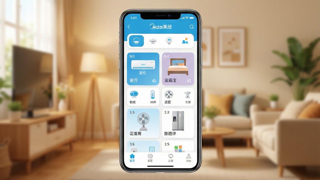 һ��չʾ��������App����ȫò��ͼƬ������������һ�������ֻ�����Ļ��ʾ��������App�����棬�����а��������յ������ҷ��ȡ���������������豸��Ƭ������Ϊ���½ṹ���Ϸ��Ǽ�ͥ����ѡ�������м����豸��Ƭ���񣬵ײ��ǵ����������Ϊ�ִ���ƽ���Ƽ��磬ϸ��Բ�����������ʸɾ������޶���Ԫ�أ�����Ϊ��ܰ�ļҾӻ����黯Ч����