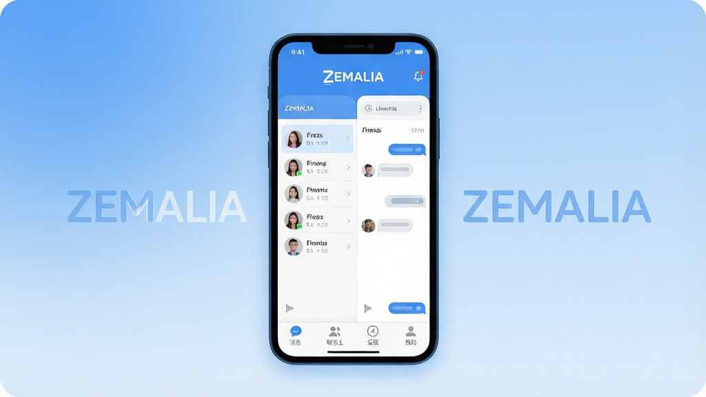 һ��չʾZEMALIA��������ȫò��ͼƬ�������������ֻ���Ļ����Ļ����ʾZEMALIAӦ�������棬������Ƽ�࣬��������ɫΪ����������ZEMALIA��Logo���м��Ǻ����б������촰�ڣ��ײ�����Ϣ����ϵ�ˡ����ֺ��ҵ��ĸ�ѡ�����������͵Ľ�����ɫ������ִ���ƽ��ϸ��Բ�󣬻��ʸɾ��������޶���Ԫ�أ�ͼƬ�д����֡�ZEMALIA��