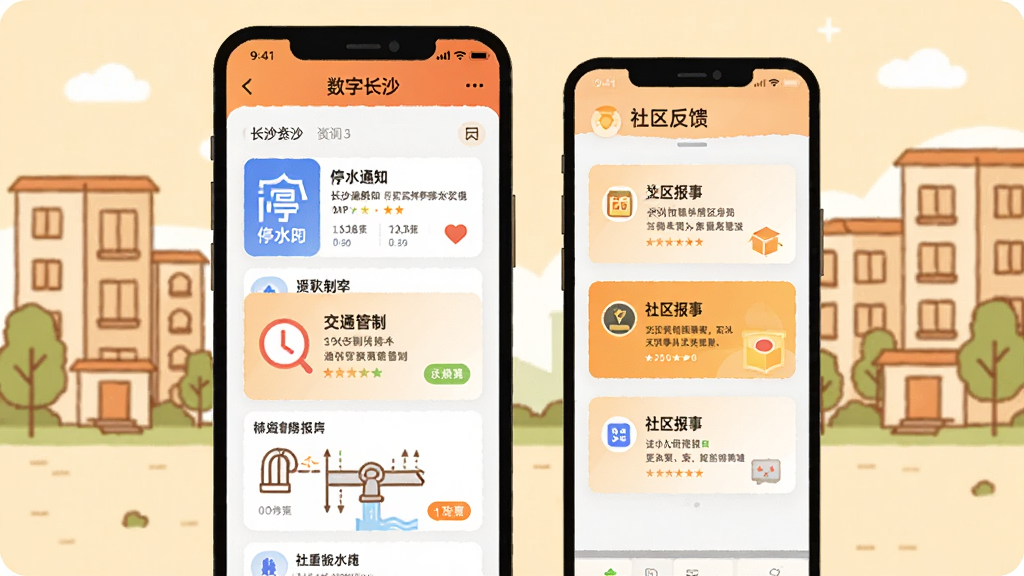 一张本地资讯与社区互动场景插画,主体是