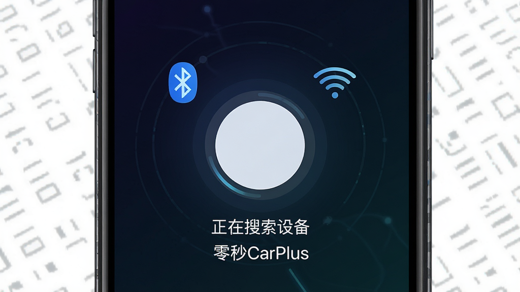 һ��չʾ����CarPlusһ�����ӹ��ܵ��ֻ������ͼ���ֻ���Ļ������ʾһ��Բ�����Ӱ�ť����ť��Χ��������WiFi��ͼ�꣬��������ɫ���䣬��ť�·���ʾ�����������豸���͡�����CarPlus����������������Ƽ��У����������޶���Ԫ�ء�