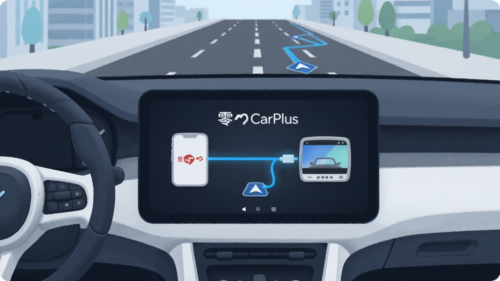 һ��չʾ����CarPlus���ػ��������Ĳ廭������������һ���ִ������ļ�ʻ���ӽǣ��п���Ļ��ʾ����CarPlus�ļ�����ӽ��棬������ֻ�ͼ�꣬�Ҳ��ǳ�����Ļͼ�꣬�м���һ���������ɫ���������ӣ������ǳ��е�·�͵���·�ߣ�����ִ���ƽ��ϸ��Բ�󣬻��ʸɾ��޶���Ԫ�ء�