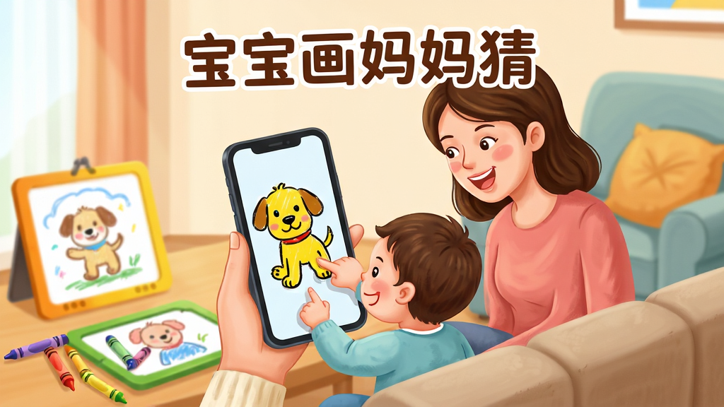 宝宝画妈妈猜 亲子互动绘画猜谜游戏 手机屏幕展示 画面中一位妈妈和宝宝坐在沙发上 宝宝用手指在手机屏幕上画一只黄色的小狗 妈妈在一旁笑着猜答案 屏幕上方显示“宝宝画妈妈猜”标题 画面布局为室内客厅场景 排版居中 风格温馨卡通 细节包括彩色蜡笔、画板、沙发靠垫 画质高清 干净 无多余元素