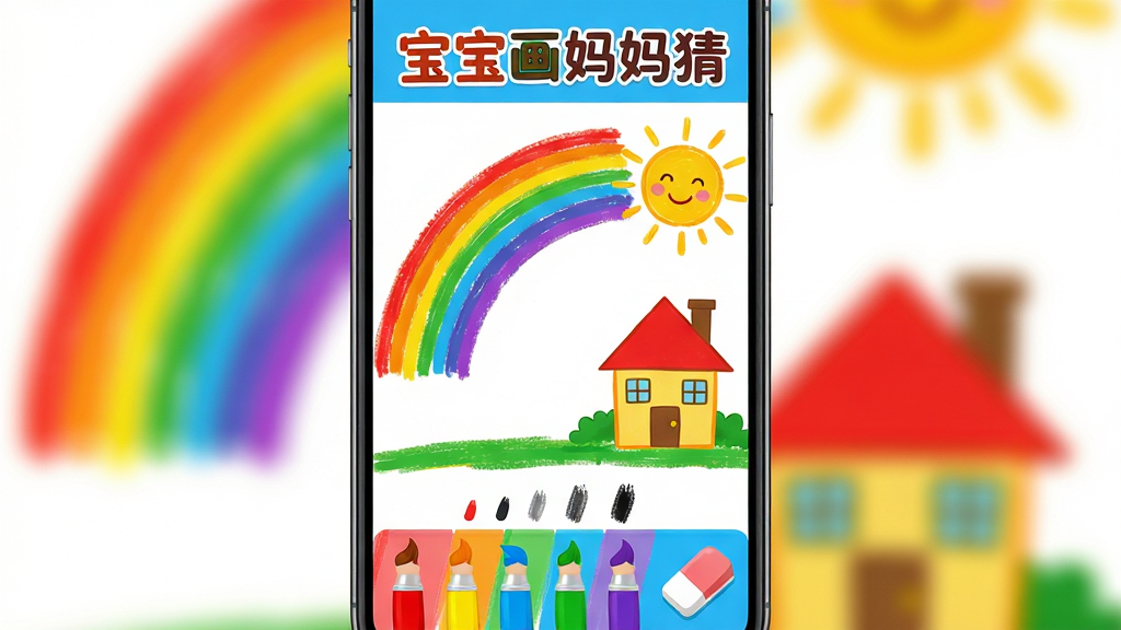 宝宝画妈妈猜 自由涂鸦画板界面 手机竖屏展示 画布上画着彩虹、太阳和房子 底部是彩色画笔选择栏和橡皮擦图标 顶部有“宝宝画妈妈猜”字样 布局简洁 排版直观 风格明快儿童风 细节包括不同粗细的笔触效果、鲜艳的色彩 画质高清 干净 无多余元素