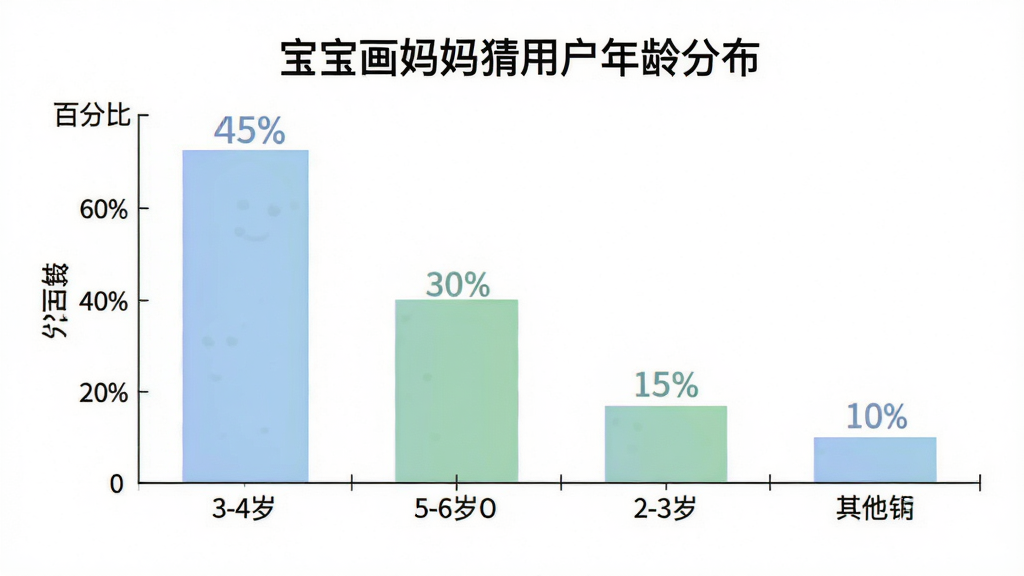 宝宝画妈妈猜 用户年龄分布柱状图 图表标题为“宝宝画妈妈猜用户年龄分布” 横轴为年龄段 纵轴为百分比 柱子颜色为柔和的蓝色和绿色 布局居中 排版简洁 风格数据可视化 细节包括3-4岁45%、5-6岁30%、2-3岁15%、其他10% 画质高清 干净 无多余元素