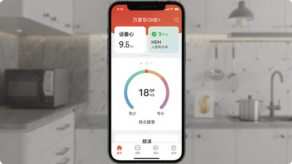 �����ONE+ Ӧ��������չʾ������Ϊһ̨�����ֻ���Ļ����Ļ����ʾ�����ONE+ APP��ҳ�����ְ��������豸״̬��Ƭ���м���ˮ���¶ȵ���Բ�����ײ����������Ű������򣬷��Ϊ�ִ���ƽ���Ƽ��磬ϸ��Բ��ͼ�����������ʸɾ����壬�޶���Ԫ��