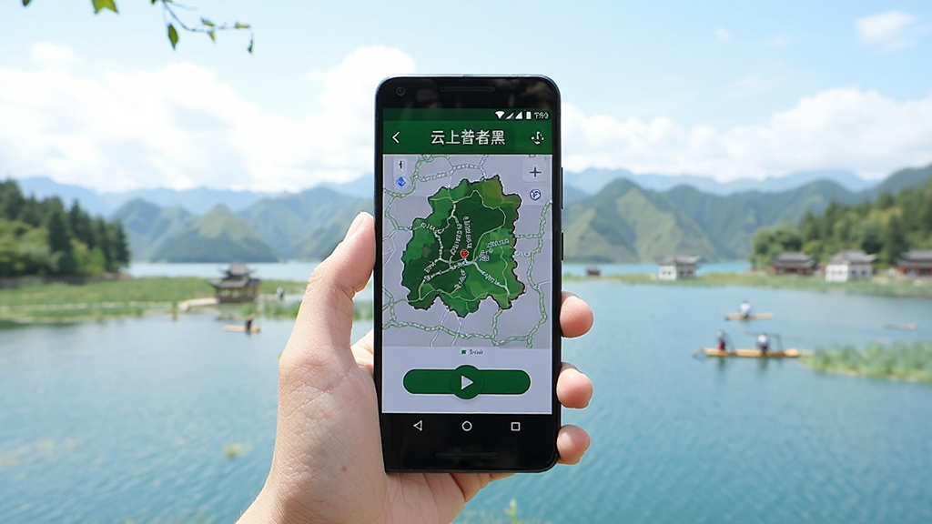 一位游客手持安卓手机站在普者黑湖边,手机屏幕显示