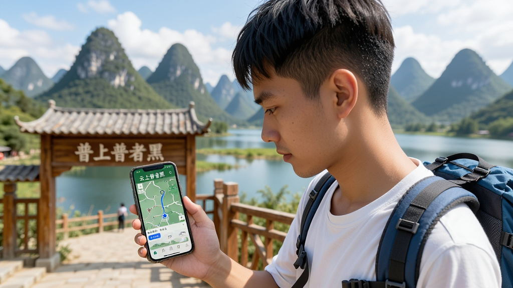 一位年轻游客站在普者黑景区入口处低头看手机,手机屏幕显示