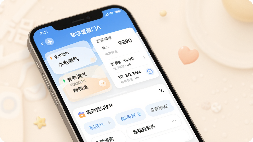 ��������APP����ɷ���ҽ�ƽ�������չʾ���������ֻ���Ļ����ʾˮ��ȼ���ɷѿ�Ƭ��ҽԺԤԼ�ҺŽ��棬�������Ϸ��ɷ��˵��б����·�ҽԺ����ѡ�������Ű�����������ȷ������º����У�ϸ����ͣ����ʸɾ��޶���Ԫ��