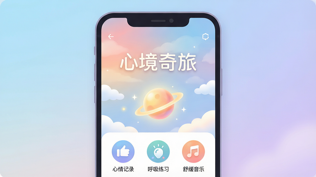 һ��չʾ���ľ����á�App����ȫò�Ĳ廭��������һ����׿�ֻ����ֻ���Ļ���ţ���Ļ������ʾ���ľ����á��ĸ��֣���Ļ�ڽ��沼�ּ�࣬�Ϸ�����͵Ľ�����ձ������м���һ�ŷ����С�����Ʈ�����ƶ䣬�·������������¼��������ϰ���滺��������ͼ�갴ť��������ǳ�������ϵ���ͽ���ɫ�������ů������ϸ��Բ��ɾ������ʸ��壬�޶���Ԫ�ء�