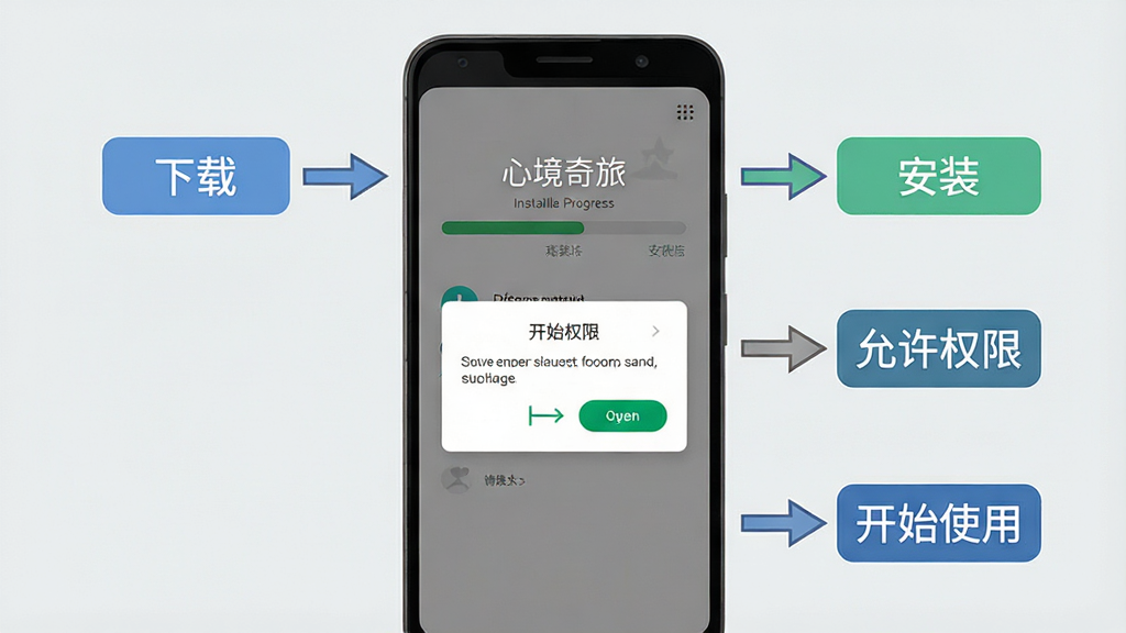 һ��չʾ���ľ����á�App�ڰ�׿�ֻ��ϰ�װ��ʹ�õĲ���ʾ��ͼ������������һ���ֻ�����Ļ��ʾ���ľ����á��İ�װ��������Ȩ�������������ֻ���Χ�м�ͷָ�����ء�������װ����������Ȩ�ޡ�������ʼʹ�á��ĸ������ǩ��������ǳ��ɫ������ƽ����Ϣͼ��ϸ�����������ʸɾ����޶���Ԫ�ء�