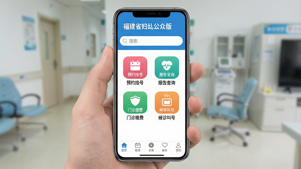 一张手机屏幕展示着“福建省妇幼公众版”应用的主界面,界面布局清晰,顶部是医院名称和搜索栏,中间排列着预约挂号、报告查询、门诊缴费、候诊叫号等彩色功能图标,底部是导航栏,整体风格清爽简洁,以蓝色和白色为主色调,画面干净无多余元素,画质清晰