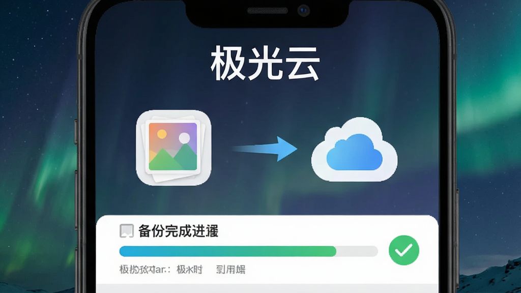 一张展示极光云自动备份功能的示意图,画面中一部手机屏幕显示相册图标和云端图标之间有一条同步箭头,上方有“极光云”文字标识,下方是备份完成的进度条和勾选标记,布局左右分布,风格简洁科技感,细节清晰,画质干净,无多余元素
