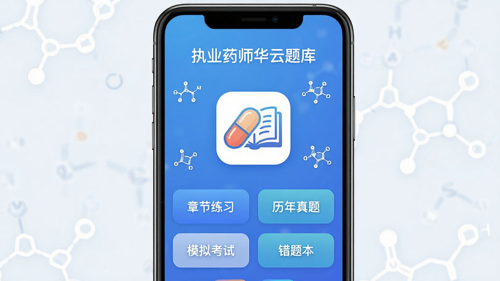 �ֻ���Ļ��д��չʾ��ִҵҩʦ������⡱APP�����棬��ɫ���䱳����������ҩ����鼮��ϵ�ͼ�꣬����������ʾ�½���ϰ���������⡢ģ�⿼�ԡ����Ȿ�ĸ���ť����Χ��ϸС��ҩѧ����ʽװ�Σ�������ִ������ʸɾ����޶���Ԫ�أ������ӽǣ��Ű�����