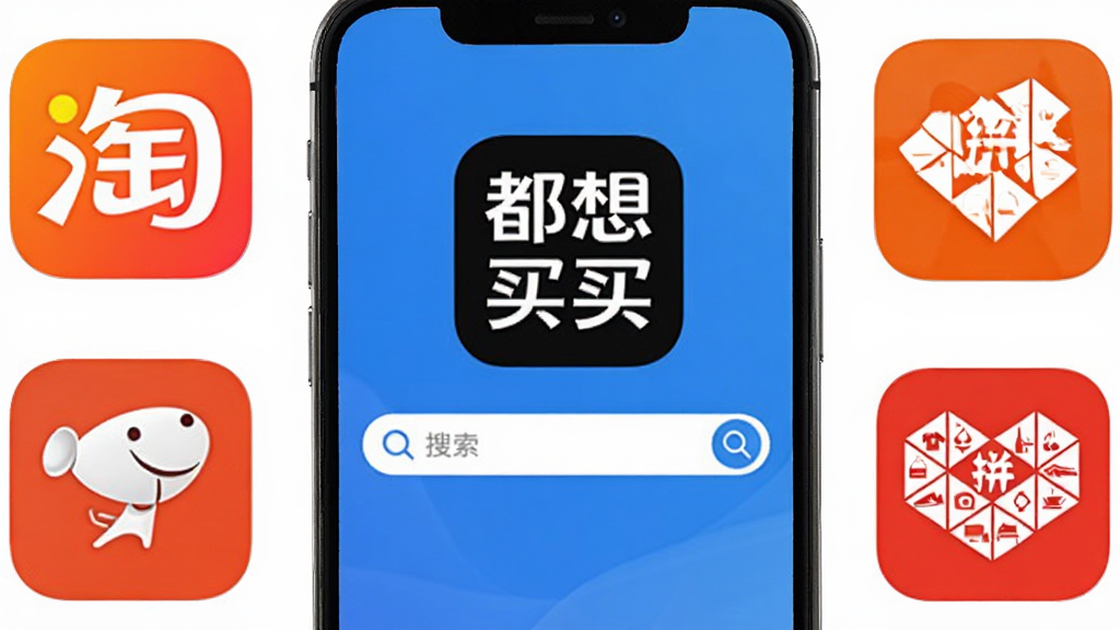 都想买App主界面全貌展示,手机屏幕中央显示都想买Logo和搜索框,周围环绕淘宝京东拼多多等购物平台图标,布局简洁清晰,扁平化设计风格,蓝白配色为主,画面干净无多余元素,高清画质