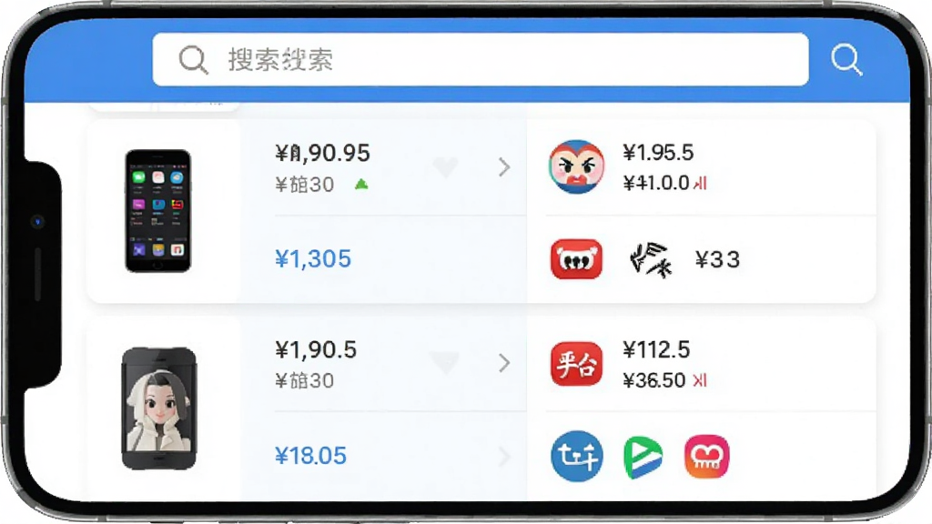 都想买App全网比价功能界面,手机屏幕显示商品价格对比列表,左侧是商品图片,右侧是不同平台的价格和平台Logo,顶部有搜索框,界面排版整齐,扁平化设计风格,蓝白色调,画面干净无多余元素,高清画质