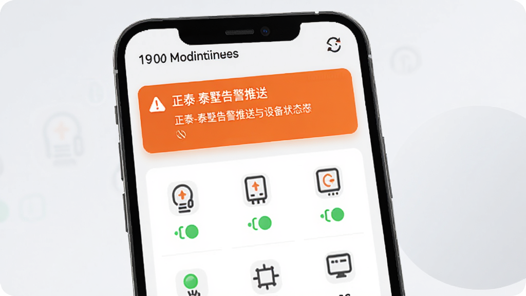 ��̩-̩���澯�������豸״̬���棬�ֻ���Ļ��ʾһ���澯֪ͨ��Ƭ���·��г�����豸ͼ�꼰��ɫ����״̬��ʶ�������԰�ɫΪ�ף��澯�ó�ɫ������ʾ��ͼ�������������ֹ��������ɾ����䣬�����������޶���Ԫ�أ�����Ϊǳ�ҽ���