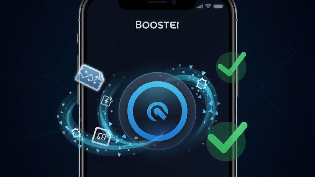 һ��չʾBoosterһ�����ٹ��ܵ�ͼƬ�������������ֻ���Ļ��д����Ļ����һ��Բ�μ��ٰ�ť����ť��Χ�������ڴ��ͷŵĶ���Ч����������ɵ���ɫ�Թ�����������ɫ���䣬���Ƽ���ʮ�㣬���������ɾ�����Ļ�Ϸ���ʾ