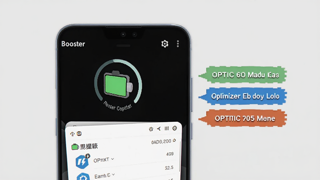 һ��չʾBooster����Ż����ܵ�ͼƬ����������һ���ֻ�����Ļ��ʾ���ͼ��ͺĵ�Ӧ���б����б��Ա����Ż������ǩ�����岼������������Լ�ִ�������Ϊǳ��ɫ�����ʸɾ��޶���Ԫ�أ���Ļ������