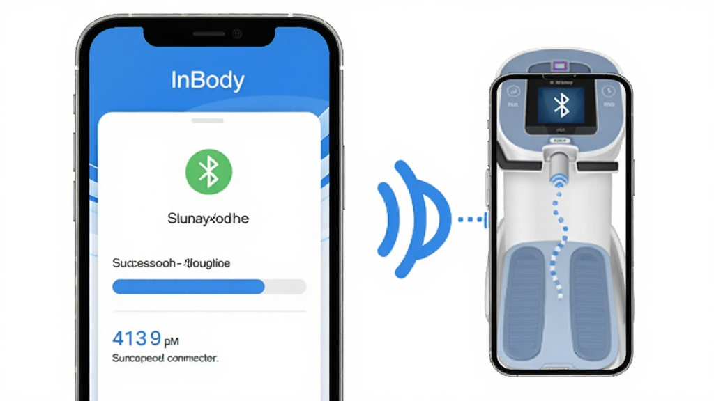 InBody App����ͬ������չʾ���ֻ���Ļ��ʾ�������ӳɹ�״̬���������ͬ������������������InBody����Ǻ��ֻ�ͨ�������ź����ӵ�ʾ��ͼ������ɫ�����Ƽ��м������Ļ��������ʾ��InBody�����������ʸɾ��޶���Ԫ��