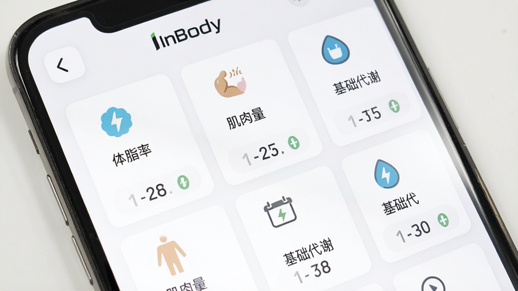 InBody App����ָ����ҳ�棬�ֻ���Ļ��ʾ���ָ�꿨Ƭ���У�ÿ����Ƭ����ͼ�������˵�����硰��֬�ʡ�������������������л���ȣ����չ��״̬����������ɫ������ִ���ƽ����Ļ�����С�InBody�����������ʸɾ�����