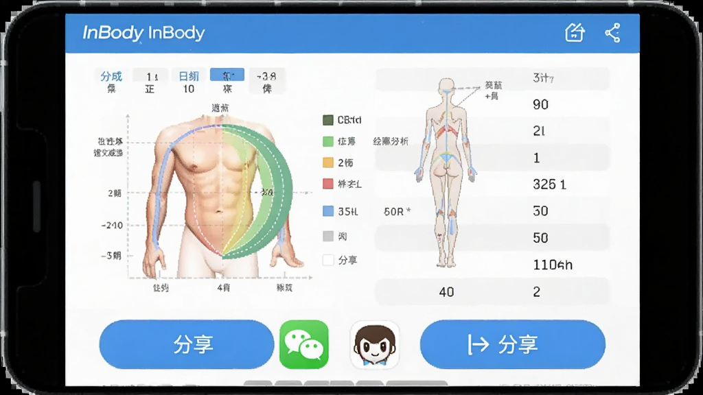 InBody App����������棬�ֻ���Ļ��ʾһ����������ɷֱ���Ԥ��ͼ����������ɷַ���ͼ���������б����·��з�����ť�͵���ѡ���������΢�š�QQ�ȷ���ͼ�꣬����ɫ���������רҵ����Ļ���С�InBody����ʶ�����ʸɾ��޶���Ԫ��