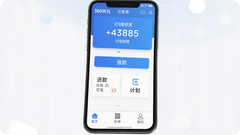 �ֻ���Ļ��ʾ360����Ǯ��Ӧ�������棬��ɫ�Ͱ�ɫΪ��ɫ����������ʾ�ɽ������֣��м��н�ť�ͻ���ƻ���ڣ��ײ�����������ҳ���˵����ҵ�����ͼ�꣬�����ɾ����࣬��ƽ����Ʒ�񣬻��������޶���Ԫ��