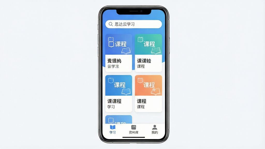 �ֻ���Ļ����չʾѧϰApp���棬��ɫ��Ϊ���׽��䣬������������ʾ��˼����ѧϰ�����м��ǿγ̿�Ƭ���񲼾֣��ײ���ѧϰ�����Ͽ⡢�ҵ�����������ť�������ɾ�����ƽ����Ʒ�񣬽����������������ʸɾ��޶���Ԫ��