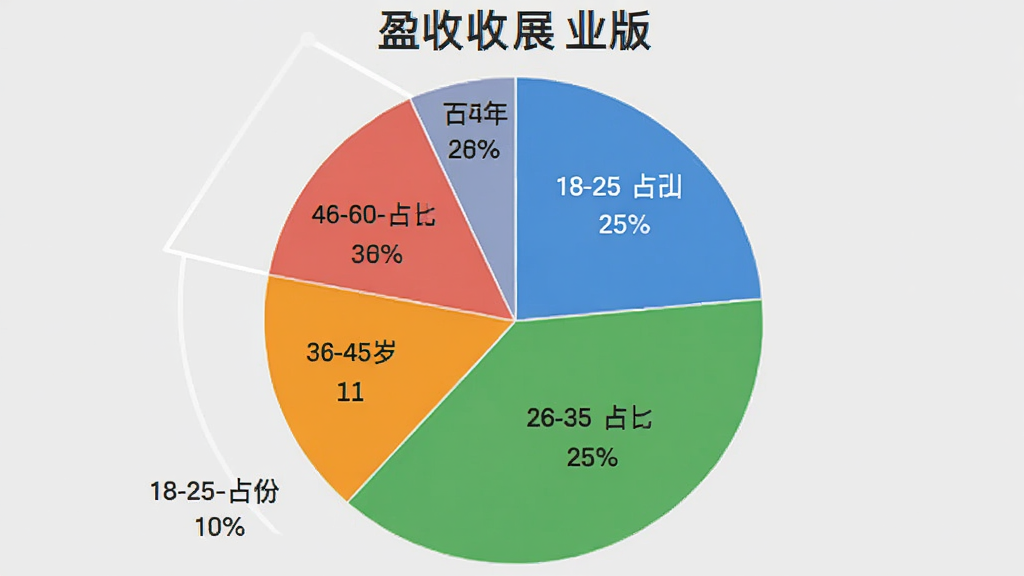 ��ӯ����չҵ�桱�û�����ֲ���״ͼ����������ΪԲ�α�ͼ���ò�ͬ��ɫ����չʾ18-25��ռ�Ȱٷ�֮ʮ�塢26-35��ռ�Ȱٷ�֮��ʮ�塢36-45��ռ�Ȱٷ�֮��ʮ��46-60��ռ�Ȱٷ�֮��ʮ��ÿ�������ע��������Ͱٷֱ����֣�����ǳ��ɫ��ͼ��������ִ������������ɶ����ɾ�������Ԫ��