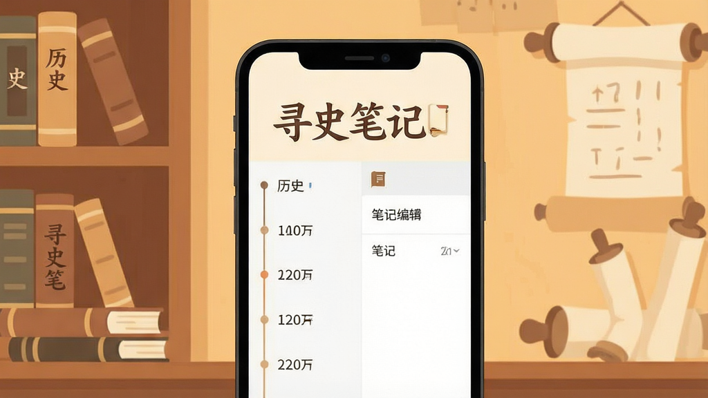 һ��չʾ��Ѱʷ�ʼǡ�App��������ֻ���ͼ���廭������������һ�������ֻ�����Ļ��ʾ��Ѱʷ�ʼǡ��ĸ����֣����沼�ּ�࣬�������ʷʱ�����б����Ҳ��ǱʼǱ༭���򣬱�������ů�����ɫ��������ϰڷ�����ʷ�鼮�;��ᣬ���������¼�Լ����ƽ����ƣ�ϸ�ڸɾ��������������޶���Ԫ��