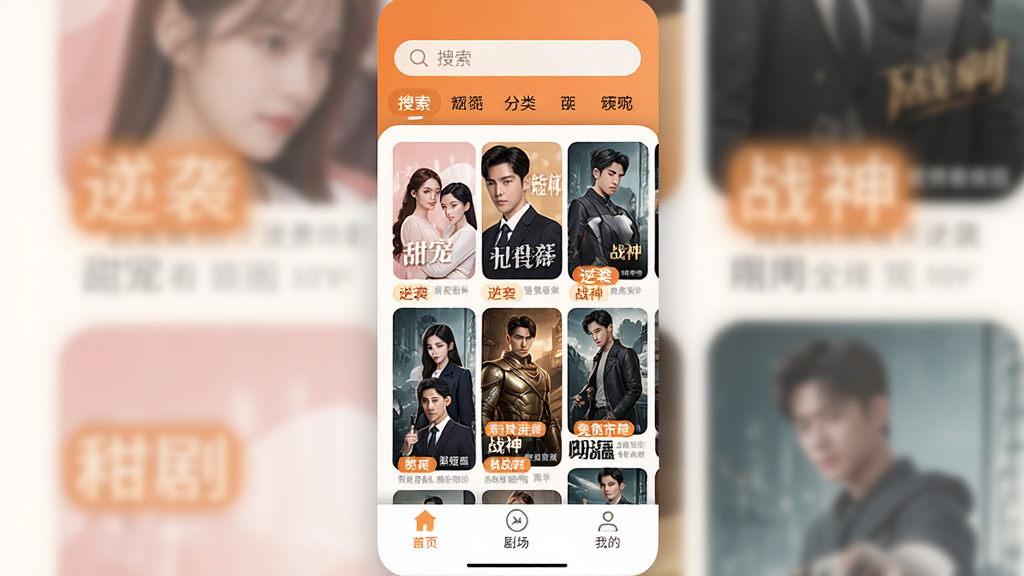 ��Ѷ̾缯ȫ�� App ���������ͼ���չʾ���ֻ���Ļ�������֣��������������ͷ����ǩ���м������Ŷ̾���溣��ǽ��������衢��Ϯ��ս��ȱ�ǩ���ײ�����ҳ���糡���ҵ�����������ť��������ů��ɫ�Ͱ�ɫΪ��ɫ��������ִ���Լ��ϸ��Բ�󣬻��ʸɾ��������޶���Ԫ�أ����崫�����ѿ��̾�����ɷ�Χ