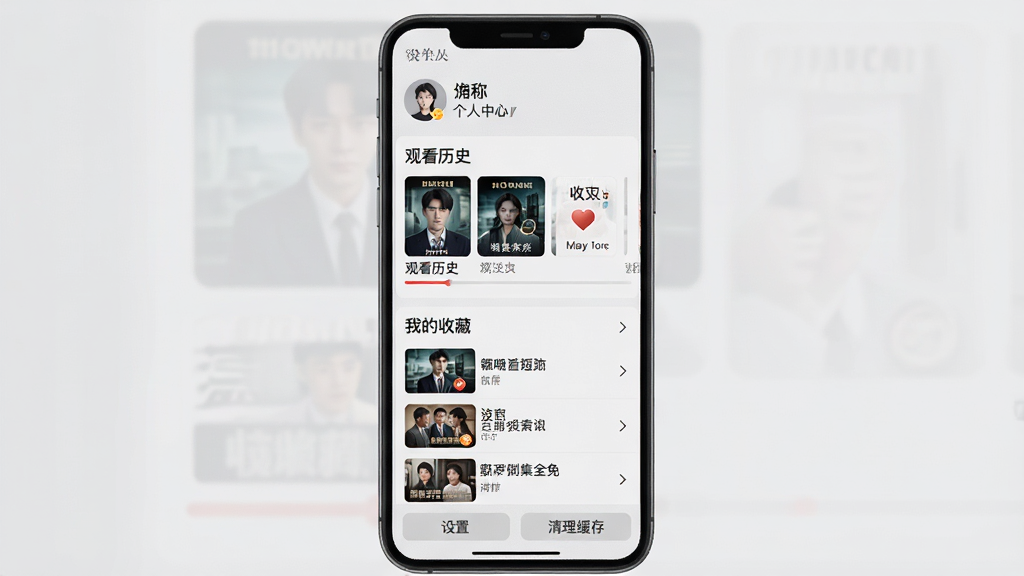 ��Ѷ̾缯ȫ�� �ĸ������Ľ���չʾ���ֻ���Ļ������ҳ�涥�����û�ͷ����ǳƣ��м��ǡ��ۿ���ʷ���͡��ҵ��ղء�����ģ�飬��ʷ��¼��ʾ��������Ķ̾����ͽ��������ղؼ���ʾ���ղصľ缯�б����ײ������ú��������水ť������ǳ��ɫ�������ǹ����б�����������������Լ��ϸ�ڸɾ����޶���Ԫ��