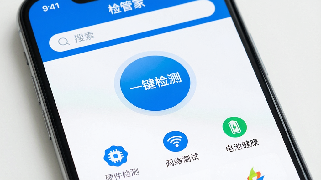 一张手机屏幕特写,屏幕中央显示“检管家”APP主界面,界面以蓝白配色为主,顶部有搜索框,中间是醒目的“一键检测”圆形按钮,下方排列着“硬件检测”、“网络测试”、“电池健康”等图标,背景干净,光线明亮,整体风格现代简洁,画质清晰,无多余元素
