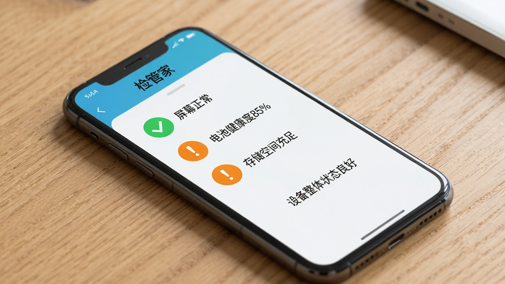 一部手机平放在桌面,屏幕显示“检管家”APP的检测结果页面,页面上有绿色对勾和橙色感叹号图标,分别标注“屏幕正常”、“电池健康度85%”、“存储空间充足”,下方有一行文字总结“设备整体状态良好”,背景是木质桌面,光线柔和,画面干净整洁,无多余元素