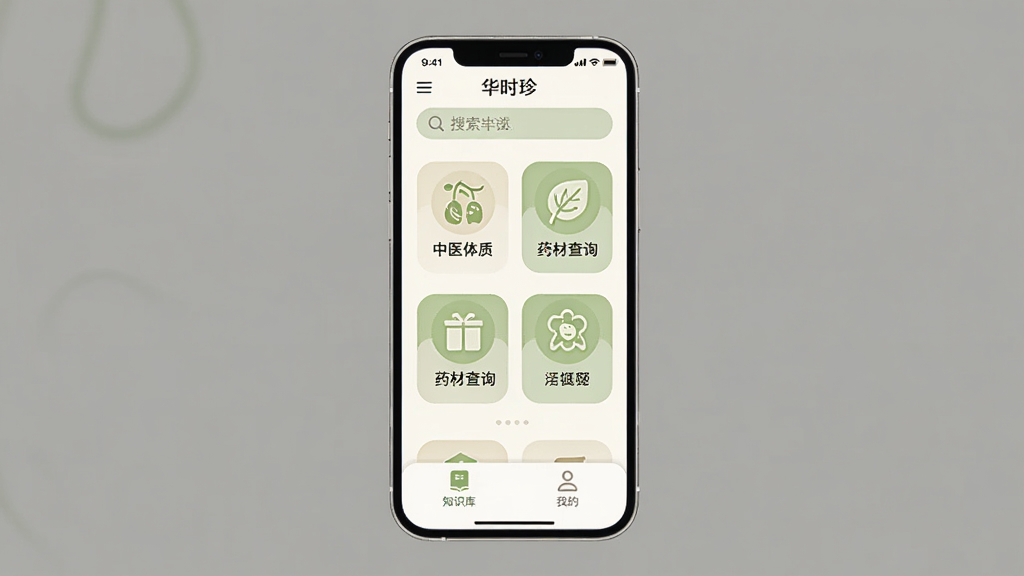 ��ʱ��Ӧ��������ȫòչʾ�������������ֻ���Ļ����Ļ����ʾ��ʱ��App��ҳ�����������������м�����ҽ���ʲ��Ժ�ҩ�Ĳ�ѯ�������ͼ�꣬�ײ���֪ʶ����ҵ�����ѡ������岼��������࣬����ִ���ƽ������ɫ���װ׺�ǳ��Ϊ����ϸ��Բ�󣬻��ʸɾ��޶���Ԫ��