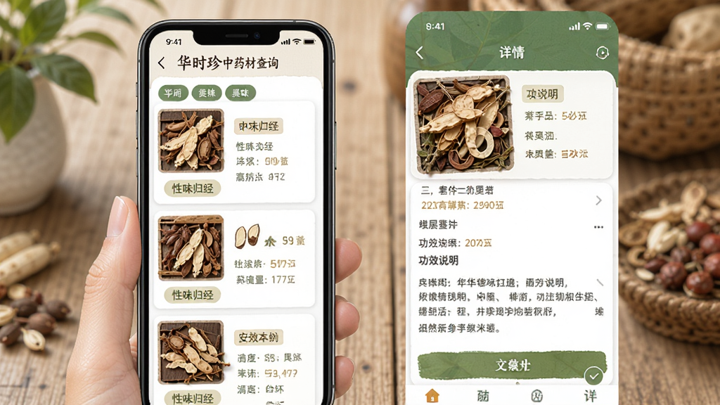 ��ʱ����ҩ�Ĳ�ѯ���棬�ֻ���Ļ��ʾ��ҩ���б�������ҳ��ҳ������ҩ��ͼƬ����ζ�龭��ǩ����Ч˵�����֣������Կ�Ƭʽ���ֳ��֣���ɫ������Ȼ�������󷽣����ʸɾ�����