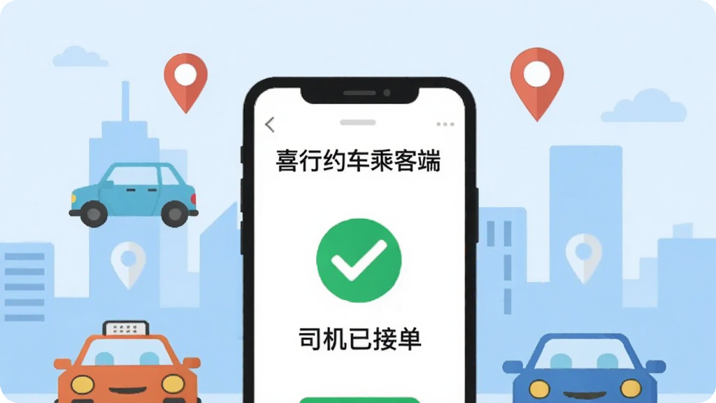 һ�ű�ƽ�����Ĳ廭������������һ���ֻ����ֻ���Ļ����ʾ��ϲ��Լ���˿Ͷˡ��Ľг��ɹ�ҳ�棬һ����ɫ�ĶԹ��͡�˾���ѽӵ����������ֻ���Χ�����ż�����ͨ����С�����Ͷ�λͼ�꣬������ǳ��ɫ�ĳ��м�Ӱ��������ִ������ʸɾ�