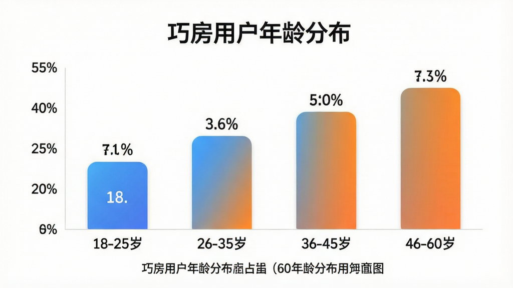 �ɷ��û�����ֲ���״ͼ��������������״ͼչʾ18��60�겻ͬ������û�ռ�ȣ������ע��18-25�ꡱ��26-35�ꡱ��36-45�ꡱ��46-60�ꡱ�������ע�ٷֱȣ�������ɫΪ����ɫ�����ȣ�ͼ���Ϸ��С��ɷ��û�����ֲ����������֣����ֲ��þ���ͼ���ӵײ�ע�ͣ����Ϊ���ݿ��ӻ���ƽ�磬ϸ��������Բ����ֵ��ǩ�����������ɾ��������޶���װ��Ԫ��