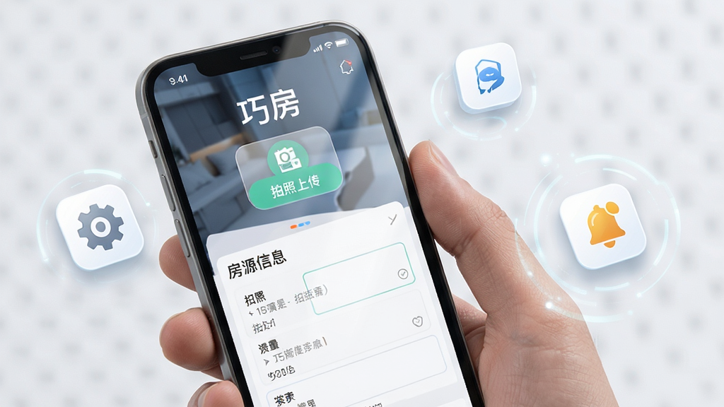 �ɷ��ƶ��˲���ʾ��ͼ��������һֻ�������ֻ�չʾ�ɷ�APP�ķ�Դ¼����棬��Ļ�ڰ������ɷ������֡������ϴ���ť�ͷ�Դ��Ϣ��д���ֻ��Ա�������Ȩ�����ó���ͼ���֪ͨ����ͼ�꣬���ֲ����ֳ��ֻ���д���ܱ�Сͼ���׺�����Ϊдʵ�Ƽ��磬ϸ������ָ��Ȼ����Ļ������͡�ͼ�����������ʸɾ��޶��౳��Ԫ��