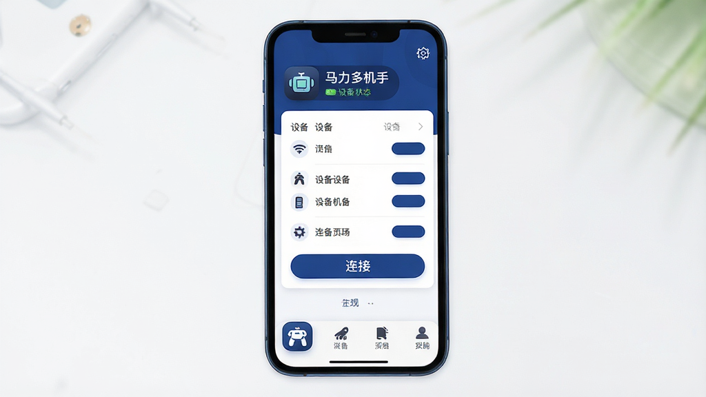 一张展示手机应用主界面的图片,画面中央是“马力多机手”的软件图标和主界面,界面以深蓝色和白色为主色调,上方显示设备连接状态,中间是设备列表和连接按钮,底部有四个功能选项卡,整体布局干净清爽,风格现代扁平化,细节圆润,画质清晰无多余元素。
