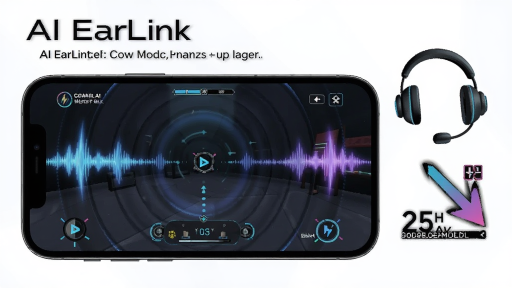 一张展示AI EarLink游戏模式低延迟特性的图片,主体是手机横屏显示游戏画面,旁边有一个耳机图标和延迟数值下降的箭头,布局为横向展开,风格为动感科技风,细节上有声波脉冲特效和低延迟标识,画质高清,干净,无多余元素