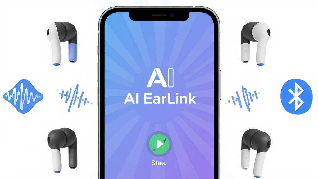 一张展示AI EarLink软件核心全貌的图片,主体是一个简洁现代的智能手机界面,屏幕中央显示AI EarLink的logo和连接状态,周围环绕着无线耳机、声波图标和蓝牙符号,布局采用居中放射状排版,风格为扁平化科技风,细节上界面有柔和的蓝紫渐变背景,图标圆润清晰,画质高清,干净,无多余元素