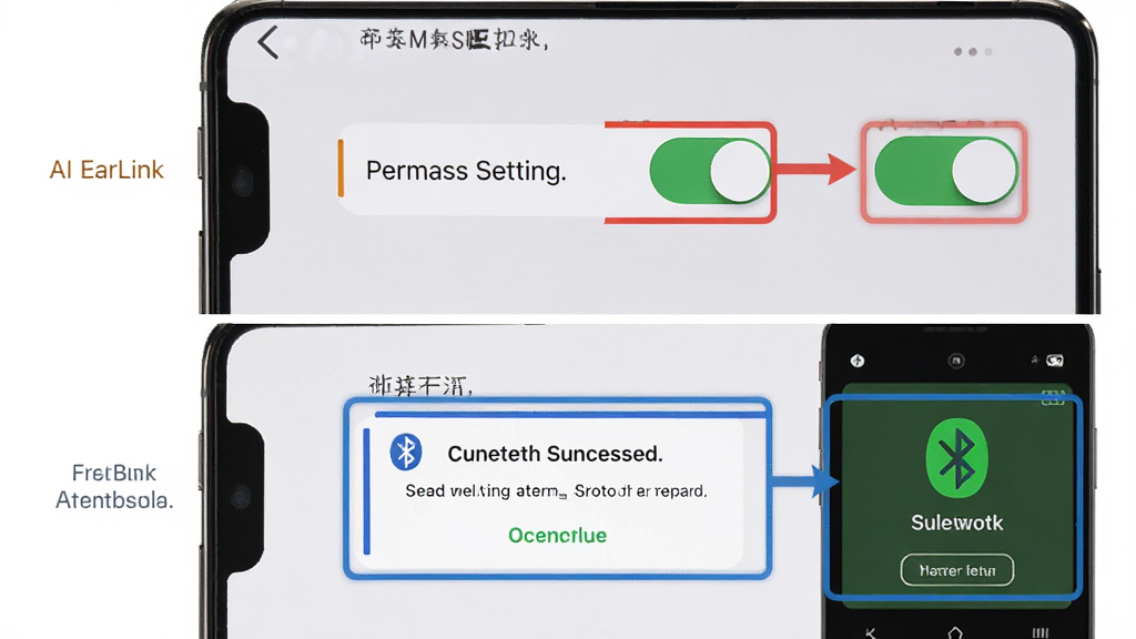 一张展示AI EarLink使用技巧的图片,主体是手机屏幕显示权限设置界面和蓝牙连接成功状态,布局为上下分栏,上方是权限开关,下方是连接成功提示,风格为教程图解风,细节上有红色和蓝色标注框突出关键步骤,画质高清,干净,无多余元素