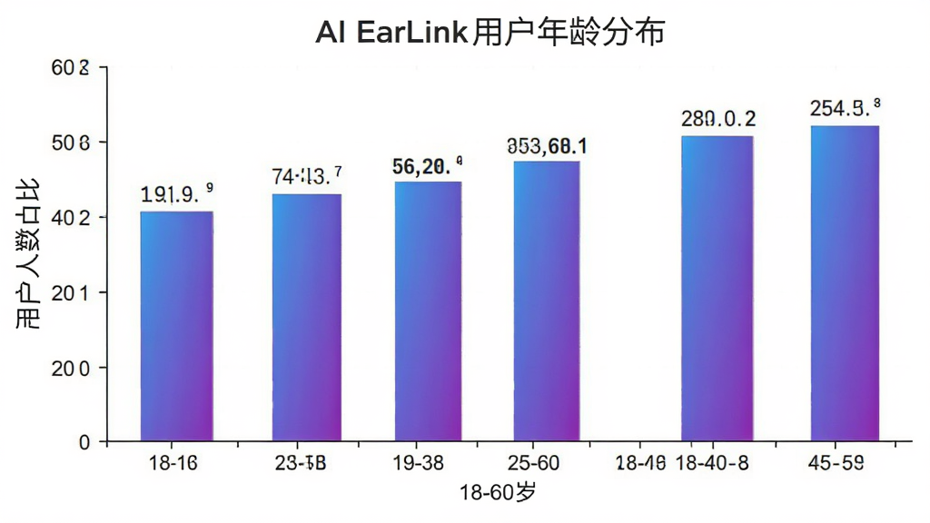 一张展示AI EarLink用户年龄分布的柱状图,主体是柱状图,横轴为18-60岁不同年龄段,纵轴为用户人数占比,布局为居中显示图表,风格为数据可视化风,细节上柱体颜色为蓝紫渐变,数值标注清晰,画质高清,干净,无多余元素
