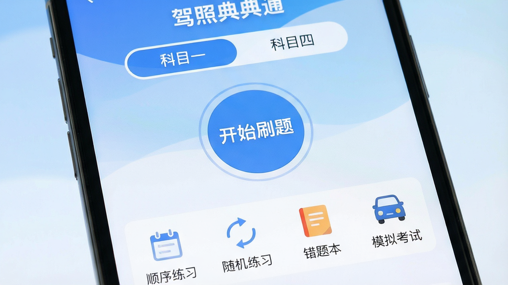 �ֻ���Ļ��д�����������ǡ����յ��ͨ��APP�������棬������ʾ����Ŀһ���͡���Ŀ�ġ��л���ǩ���м�����Ŀ�ġ���ʼˢ�⡱Բ�ΰ�ť���·������š�˳����ϰ���������ϰ�������Ȿ����ģ�⿼�ԡ��ĸ�����ͼ�꣬����Ϊ��͵����׽��䣬����ɾ����࣬���������ɼ�����ƽ����Ʒ�񣬻��ʸɾ��޶���Ԫ��