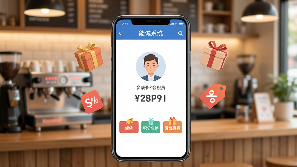 ��ͼ��ʾ�ʣ�һ���ֻ�չʾ���ܳ�ϵͳ����Ա�������棬��Ļ�����ǻ�Աͷ��ͻ������֣��·��С���ֵ���������ֶһ����������Ż�ȯ��������ť���Ա�Ư������Ʒ�к��ۿ۱�ǩͼ�꣬��������ܰ�Ŀ��ȵ��̨����������ִ������ʸɾ����޶���Ԫ��