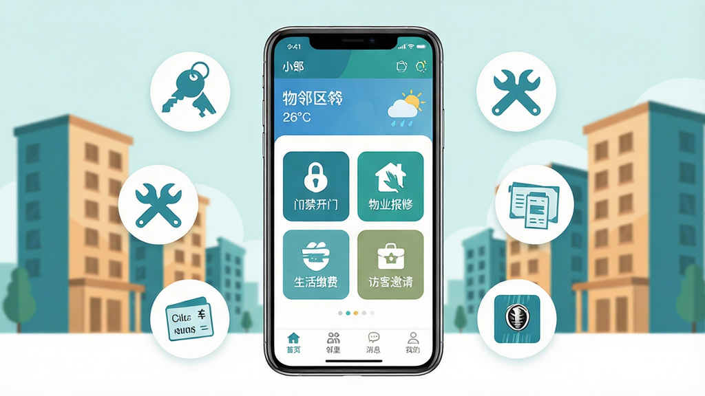 ������������ȫòչʾͼ������������һ�������ֻ�����Ļ��ʾ����APP�����棬���涥����С�����ƺ��������м���Ŀλ���������Ž����š���ҵ���ޡ�����ɷѡ��ÿ������ĸ���ͼ�갴ť���ײ���������ʾ��ҳ�������Ϣ���ҵ��ĸ�ѡ��ֻ���Χ������Կ�ס����֡�ˮ����˵����Ž�����Сͼ��Ԫ�أ���������ܰ���ִ�С��¥����Ӱ�����������±�ƽ����ɫ��������ɫ�Ͱ�ɫΪ��������ɾ����࣬�޶�������Ԫ�أ����廭�ʡ�