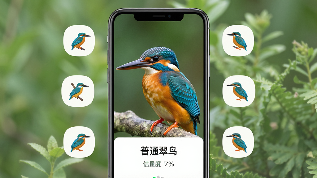 һ���ֻ���ĻչʾBirdilensӦ�������棬����������һֻɫ�����޵Ĵ�����Ƭ���·���ʾʶ��������ͨ���񡱺����ŶȰٷֱȣ���Χ�����ż��ֲ�ͬ�����Сͼ�꣬��������͵���Ȼ��ֲ�黯Ч�������������¼�࣬���������ɾ����޶���Ԫ��